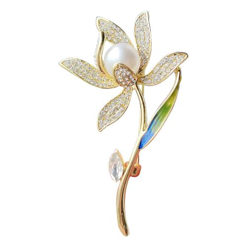 Zinc Alloy Brooches with Plastic Pearl plated micro pave cubic zirconia & for woman golden Sold By PC