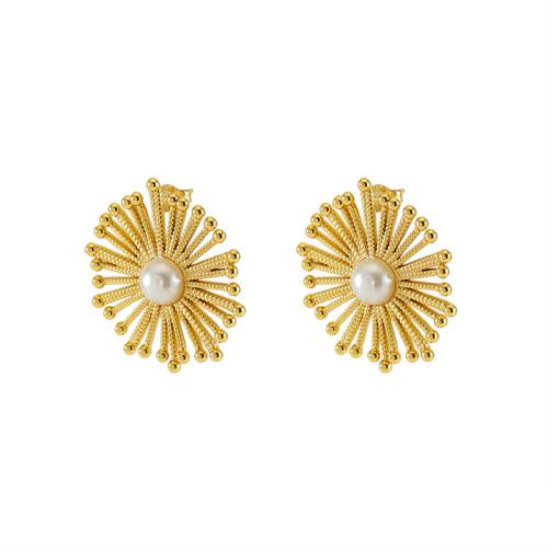Stainless Steel Stud Earrings, 304 Stainless Steel, with Plastic Pearl, 18K gold plated, fashion jewelry & for woman, golden, 32x32mm, Sold By Pair