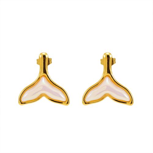 Stainless Steel Stud Earrings, 304 Stainless Steel, with Resin, Mermaid tail, 18K gold plated, fashion jewelry & for woman, golden, 22x21mm, Sold By Pair