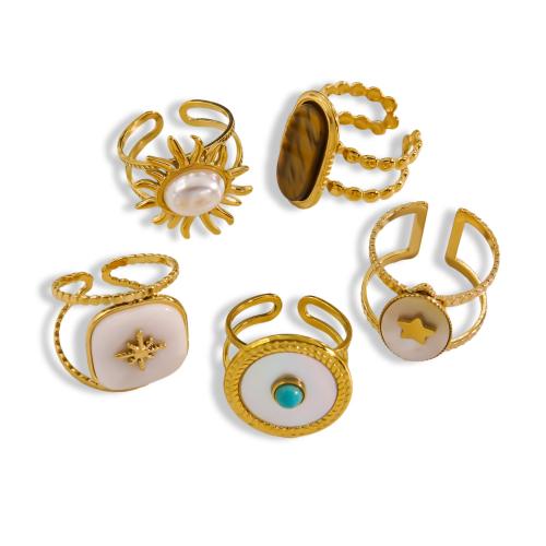 Prst prsten z nerezové oceli, 304 Stainless Steel, s Přírodní kámen & Skořápka, Nastavitelný & módní šperky & různé styly pro výběr & pro ženy, více barev na výběr, Ring inner diameter:17-20mm, Prodáno By PC