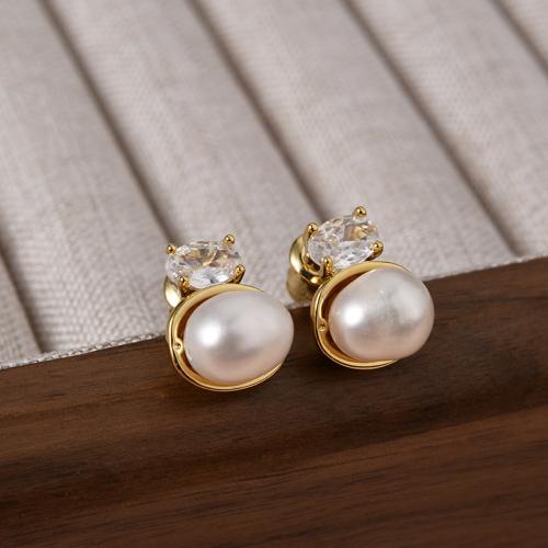 Cubic Zirconia Micro Pave Brass Earring, with Freshwater Pearl, plated, fashion jewelry & micro pave cubic zirconia, more colors for choice, nickel, lead & cadmium free, 10x12mm, Sold By Pair