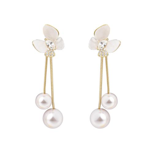 Brass Drop Earring, with Shell & Plastic Pearl, plated, fashion jewelry & with rhinestone, more colors for choice, nickel, lead & cadmium free, 52mm, Sold By Pair