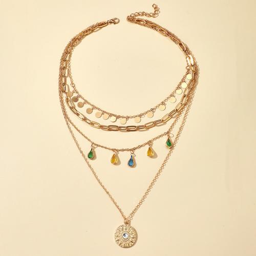 Tibetan Style Jewelry Necklace, plated, for woman & with rhinestone, golden, The chain length is about 30+5cm, 35+5cm, 39+5cm, 48+5cm, Sold By PC