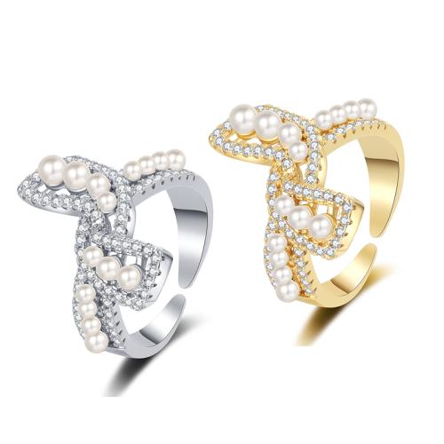 Cubic Zirconia Micro Pave Brass Ring with Plastic Pearl plated micro pave cubic zirconia & for woman Sold By PC