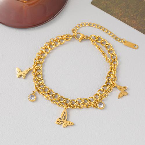 Titanium Steel Bracelet, with 2inch extender chain, Butterfly, gold color plated, Double Layer & for woman & with rhinestone, Length:Approx 7 Inch, Sold By PC