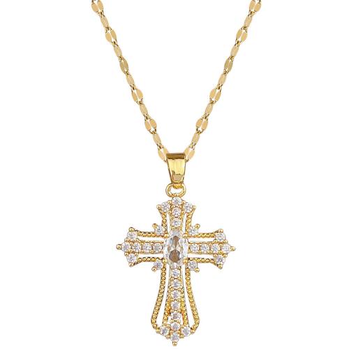 304 Stainless Steel Necklace with Brass with 2inch extender chain Cross gold color plated micro pave cubic zirconia & for woman Length Approx 15.7 Inch Sold By PC