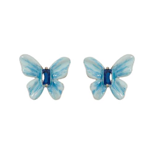 Boucles d'oreilles en laiton zircon cubique pavent, papillon, bijoux de mode & pavé de micro zircon & pour femme & émail, bleu, 22x19mm, Vendu par paire