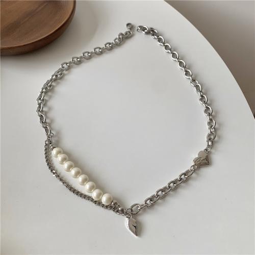 Kunststof parel ketting, Titanium Staal, met Plastic Pearl, mode sieraden & voor vrouw, Lengte Ca 45 cm, Verkocht door PC