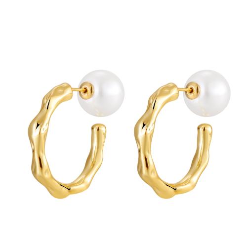 Brass Stud Earring, with Plastic Pearl, fashion jewelry & for woman, more colors for choice, 26x35mm, Sold By Pair