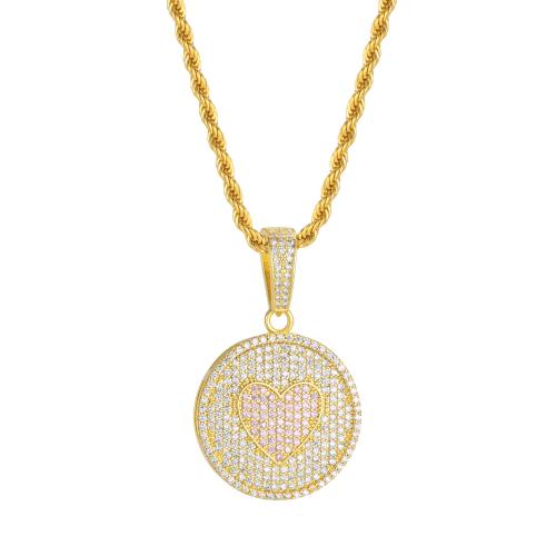 Cubic Zircon Micro Pave Brass Necklace, Round, fashion jewelry & micro pave cubic zirconia & for woman, golden, 27.70x32mm, Length:Approx 50 cm, Sold By PC