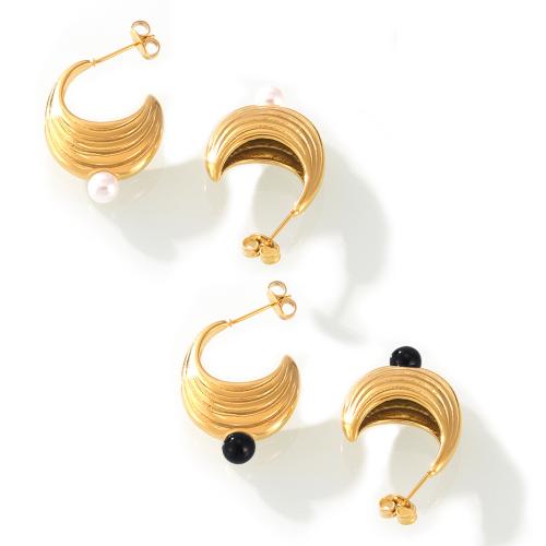 Boucle d'oreille Acier Titane, avec agate noire & perle de plastique, bijoux de mode & pour femme, plus de couleurs à choisir, 20x20mm, Vendu par paire