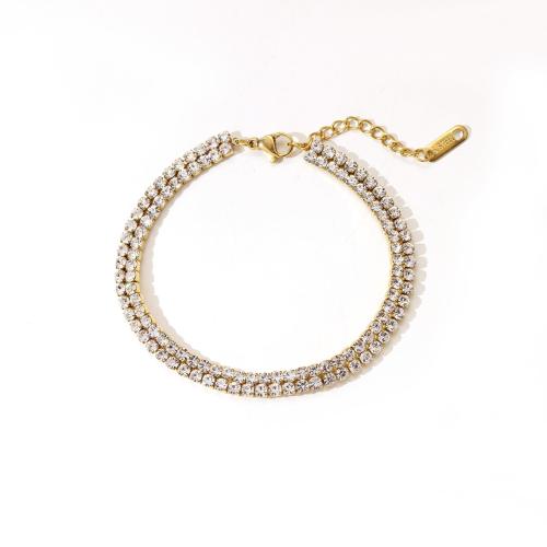 Stainless Steel Jewelry Bracelet, 304 Stainless Steel, with 3cm extender chain, Vacuum Ion Plating, fashion jewelry & micro pave cubic zirconia & for woman, golden, Length:16.5 cm, Sold By PC