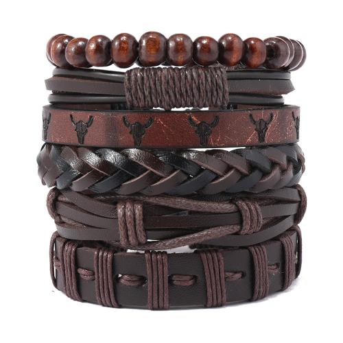PU Leather Cord Bracelets, with Tibetan Style, 6 pieces & vintage & for man, brown, Sold By Set