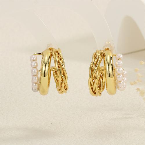 Brass Stud Earring, with Plastic Pearl, gold color plated, different styles for choice & for woman, more colors for choice, nickel, lead & cadmium free, 24x11mm, Sold By Pair