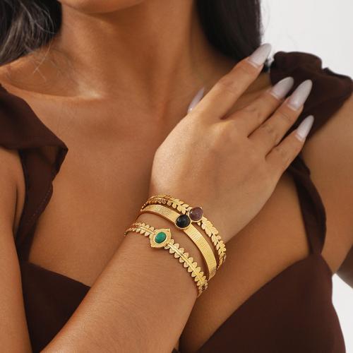 304 Stainless Steel Cuff Bangle, with Gemstone, gold color plated, fashion jewelry, more colors for choice, Sold By PC