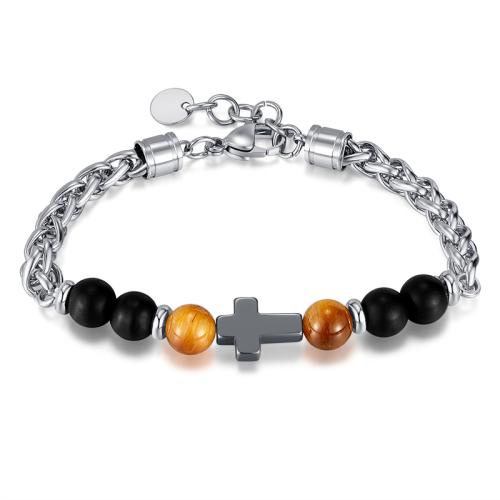 Titanium Steel Bracelet & Bangle, with Tiger Eye, plated, for man, original color, Sold By PC