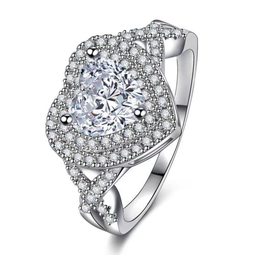 Brass Finger Ring Heart platinum plated micro pave cubic zirconia & for woman US Ring Sold By PC