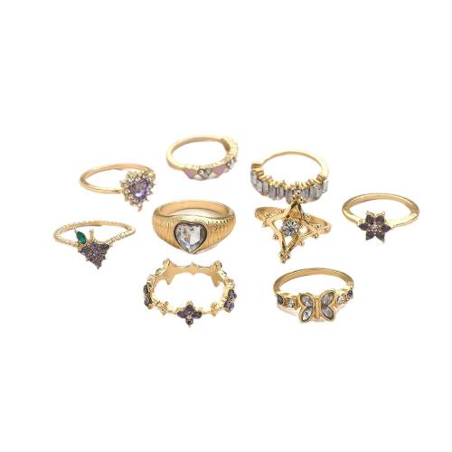 Tibetan Style Ring Set, gold color plated, 9 pieces & for woman & enamel & with rhinestone, Sold By Set
