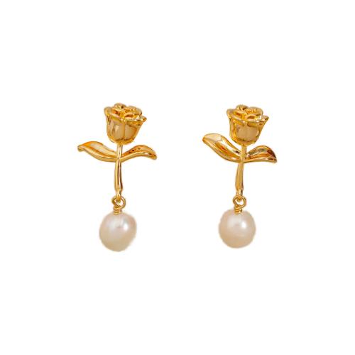 Brass Stud Earring with Freshwater Pearl Rose 14K gold plated fashion jewelry & for woman golden Sold By Pair