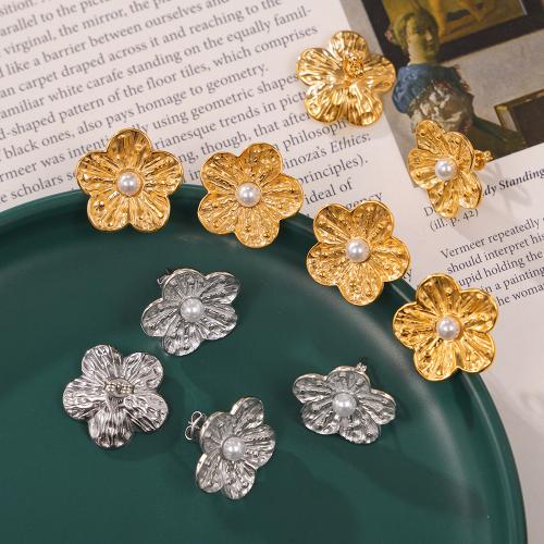 Titanium Aço Brinco, Partículas de aço, with Shell Pearl, Flor, joias de moda & para mulher, Mais cores pare escolha, 22mm, vendido por par