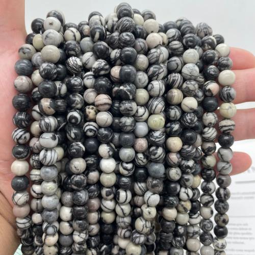 Gemstone Smycken Pärlor, Black Silk Sten, Rund, DIY & olika storlek för val, vit och svart, Såld Per Ca 38 cm Strand