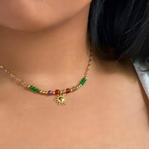 Edelstahl Schmuck Halskette, 304 Edelstahl, mit Naturstein, mit Verlängerungskettchen von 6cm, goldfarben plattiert, Modeschmuck, goldfarben, Länge 45 cm, verkauft von PC