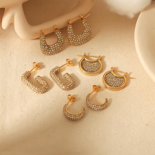 Stainless Steel Stud Earrings 304 Stainless Steel gold color plated fashion jewelry & with rhinestone gold Sold By Pair