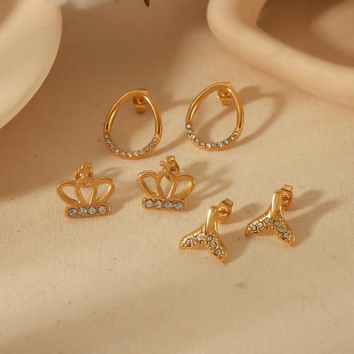 Stainless Steel Stud Earrings 304 Stainless Steel gold color plated fashion jewelry & with rhinestone golden Sold By Pair