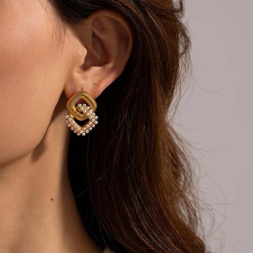 Edelstahl Ohrringe, 304 Edelstahl, mit Kunststoff Perlen, plattiert, Modeschmuck & Micro pave Zirkonia, goldfarben, 19.50x29.50mm, verkauft von Paar