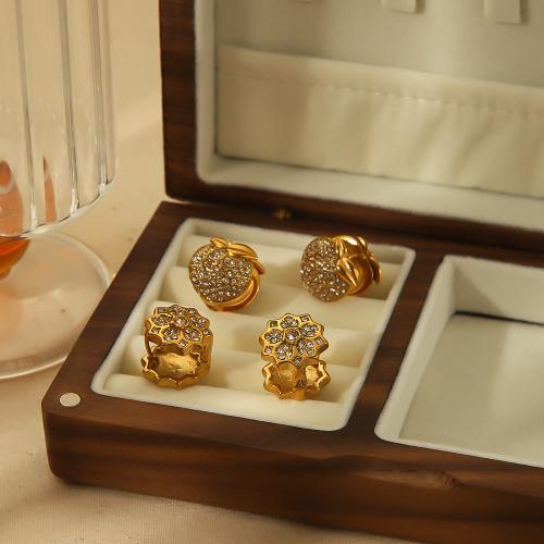 Pendientes de Acero Inoxidable, acero inoxidable 304, chapado en color dorado, Joyería & diferentes patrones para la opción & con diamantes de imitación, dorado, Vendido por Par