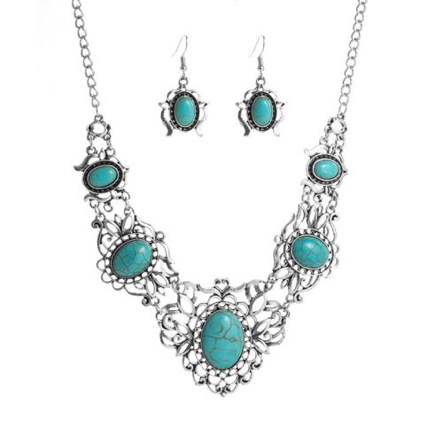 Parures de bijoux en alliage zinc, boucle d'oreille & collier, alliage de zinc, avec turquoise, 2 pièces & bijoux de mode & pour femme, Vendu par fixé