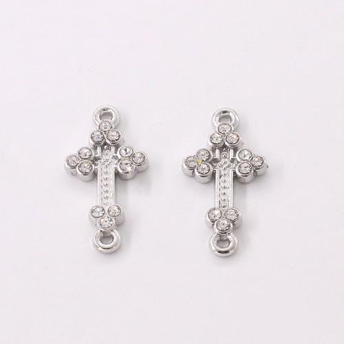 Cross Zinc Alloy Connector plated DIY & with rhinestone platinum color Sold By Lot
