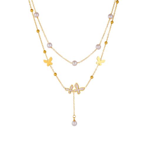 Edelstahl Schmuck Halskette, 304 Edelstahl, mit Kunststoff Perlen, mit Verlängerungskettchen von 5cm, Schmetterling, Doppelschicht & Modeschmuck & für Frau, goldfarben, Länge:ca. 40 cm, ca. 45 cm, verkauft von PC
