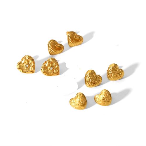 Stainless Steel Stud Earrings 304 Stainless Steel Heart plated fashion jewelry & with rhinestone golden Sold By Pair