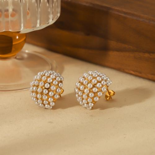 Edelstahl Ohrringe, 304 Edelstahl, mit Kunststoff Perlen, goldfarben plattiert, Modeschmuck, goldfarben, 20.50x22mm, verkauft von Paar