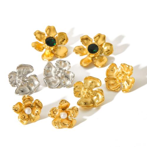 Stainless Steel Stud Earrings 304 Stainless Steel with Plastic Pearl Flower gold color plated fashion jewelry & with rhinestone golden Sold By Pair