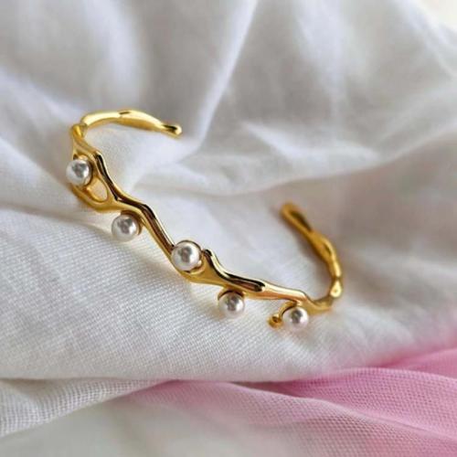 Stainless Steel Bangle 304 Stainless Steel with Plastic Pearl gold color plated fashion jewelry golden Sold By PC