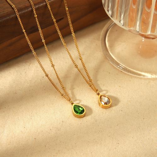 Stainless Steel Jewelry Necklace 304 Stainless Steel with 6cm extender chain Teardrop gold color plated fashion jewelry & micro pave cubic zirconia Length 41 cm Sold By PC