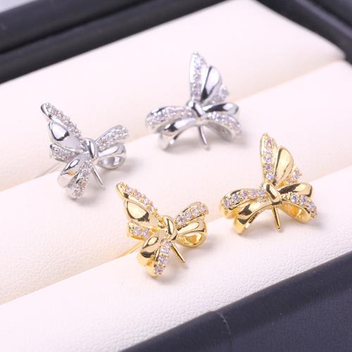 Brass Earring Stud Component, Bowknot, real gold plated, DIY & micro pave cubic zirconia, more colors for choice, 13mm, Sold By Pair