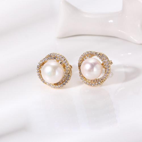 Brass Earring Stud Component real gold plated DIY & micro pave cubic zirconia golden 8.60mm Sold By Pair