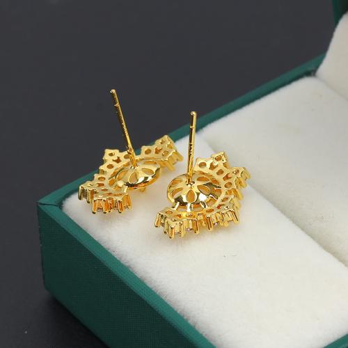 Brass Earring Stud Component real gold plated DIY & micro pave cubic zirconia 15mm Sold By Pair
