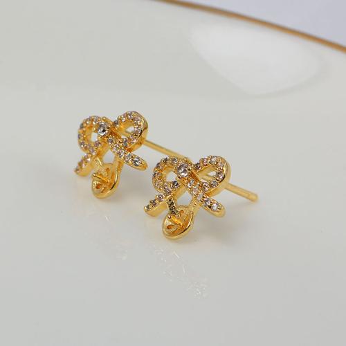 Brass Earring Stud Component, Bowknot, real gold plated, DIY & micro pave cubic zirconia, more colors for choice, 10x12mm, Sold By Pair