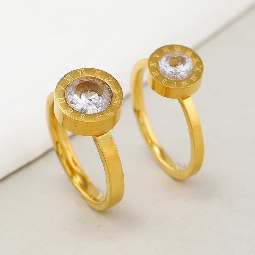 Anéis Couple dedo, Aço inoxidável 304, with zircone em forma de cubo, joias de moda & unissex & tamanho diferente para a escolha, dourado, vendido por PC