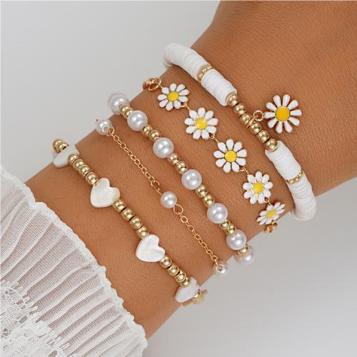 Zinc Alloy Bracelet with Polymer Clay & Resin & Plastic Pearl handmade 5 pieces & Bohemian style & enamel white Sold By Set