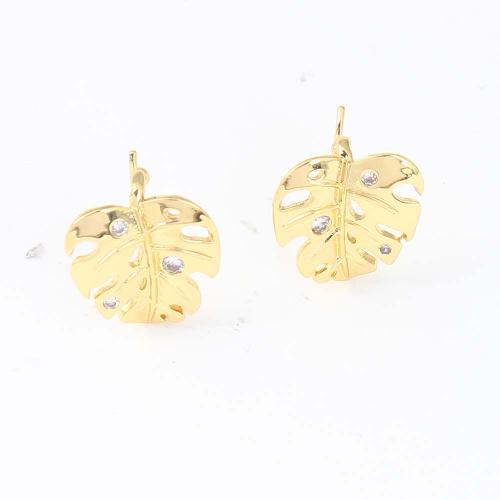 Cubic Zirconia Micro Pave Brass Earring, Leaf, gold color plated, micro pave cubic zirconia, nickel, lead & cadmium free, 14.20x13.20x2.30mm, Sold By Pair
