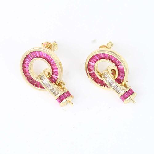 Brass Earring Drop Component Round gold color plated DIY & micro pave cubic zirconia purple nickel lead & cadmium free Sold By Pair