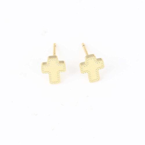 Brass Stud Earring, Cross, gold color plated, for woman, nickel, lead & cadmium free, 8.10x6.40x1.40mm, Sold By Pair