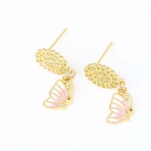 Brass Drop Earring Butterfly gold color plated for woman & enamel pink nickel lead & cadmium free Sold By Pair