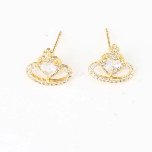 Cubic Zirconia Micro Pave Brass Earring, Heart, gold color plated, micro pave cubic zirconia & for woman, nickel, lead & cadmium free, 11.70x9.90x3.20mm, Sold By Pair