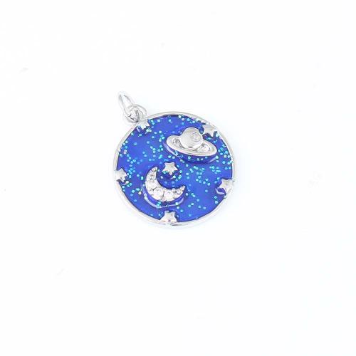 Cubic Zirconia Micro Pave Brass Pendant Round silver color plated DIY & micro pave cubic zirconia & enamel blue nickel lead & cadmium free Sold By PC